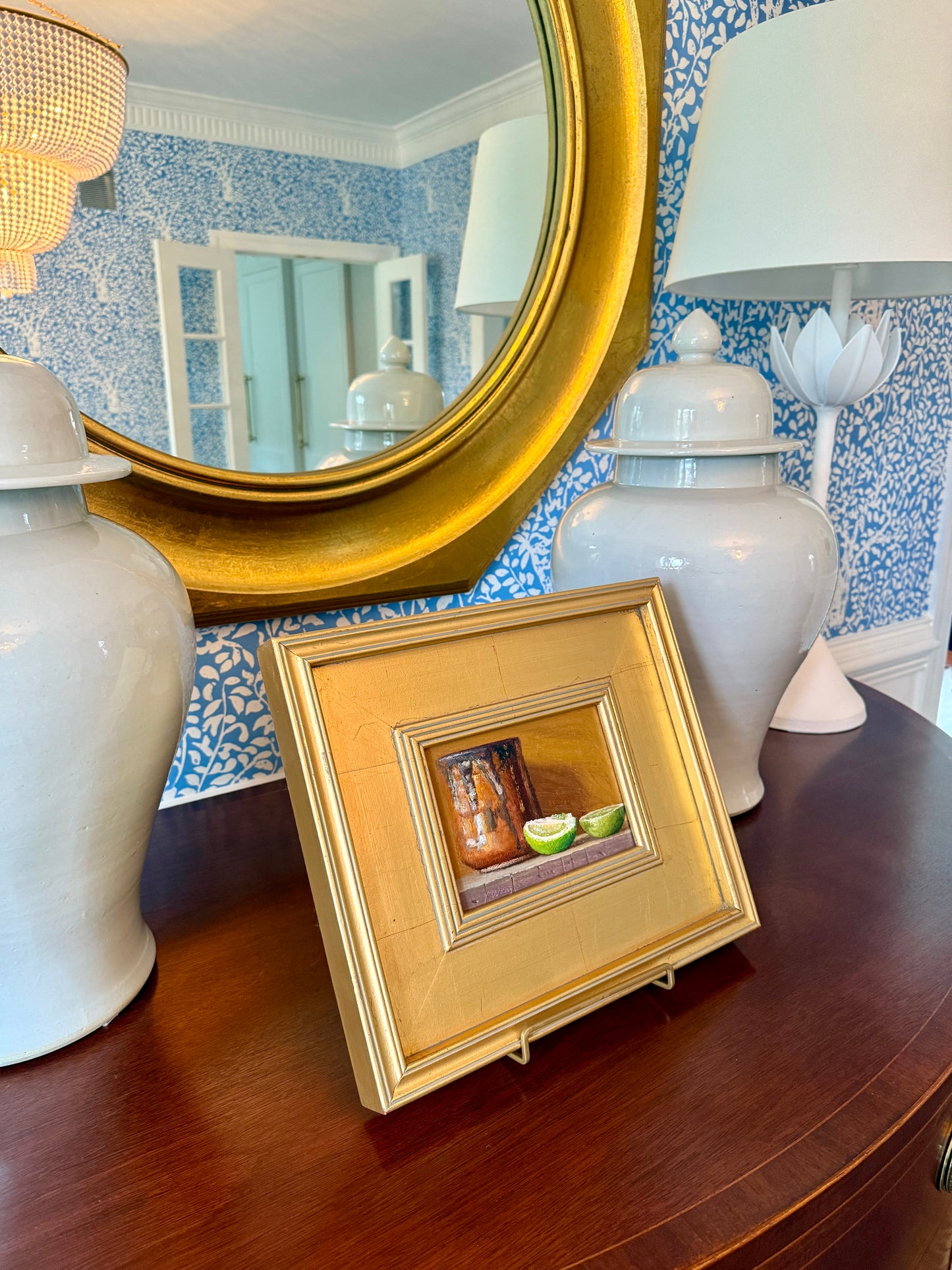 Copper Mug with Limes Still Life Oil Painting in Gold Frame