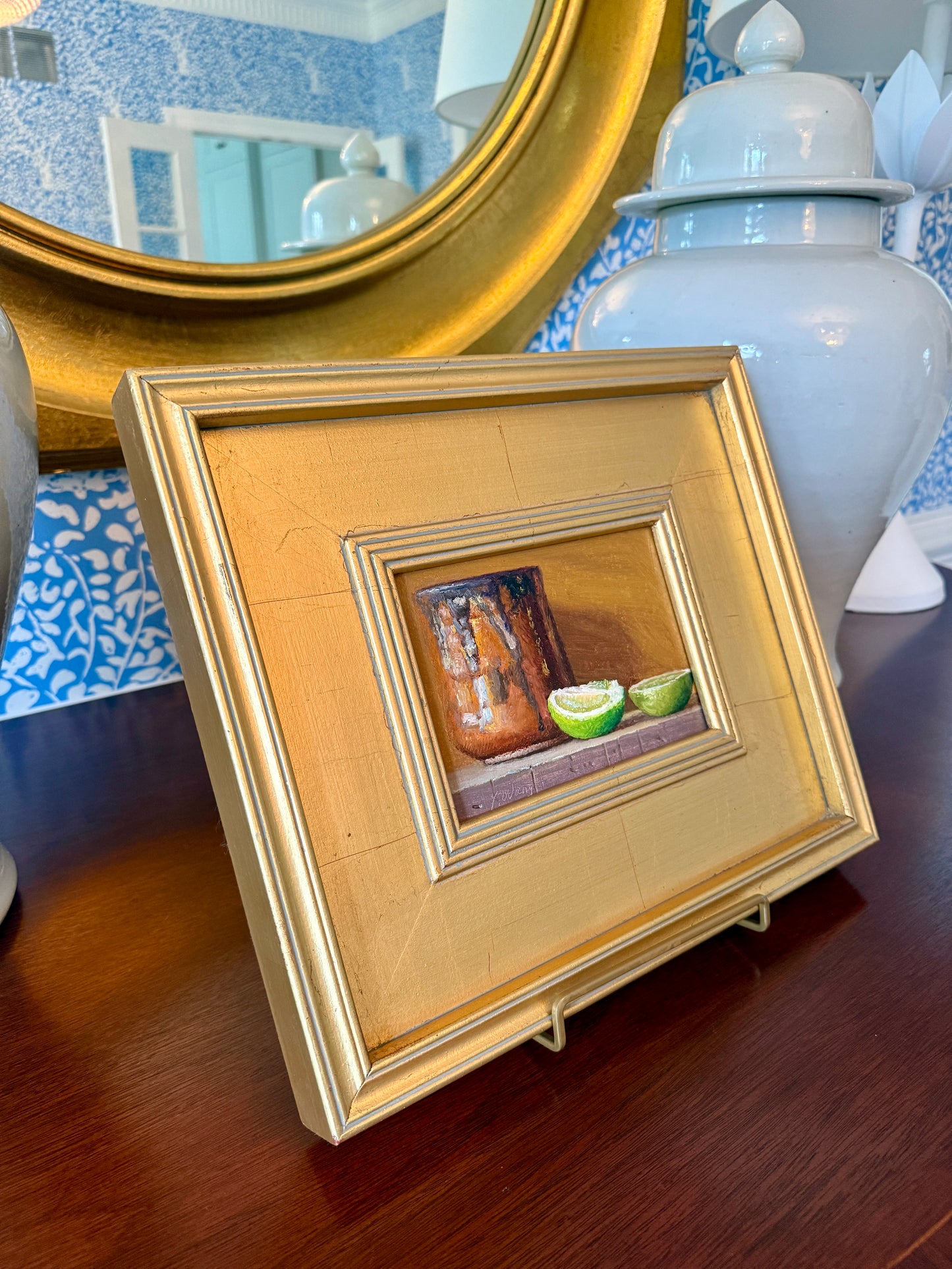 Copper Mug with Limes Still Life Oil Painting in Gold Frame