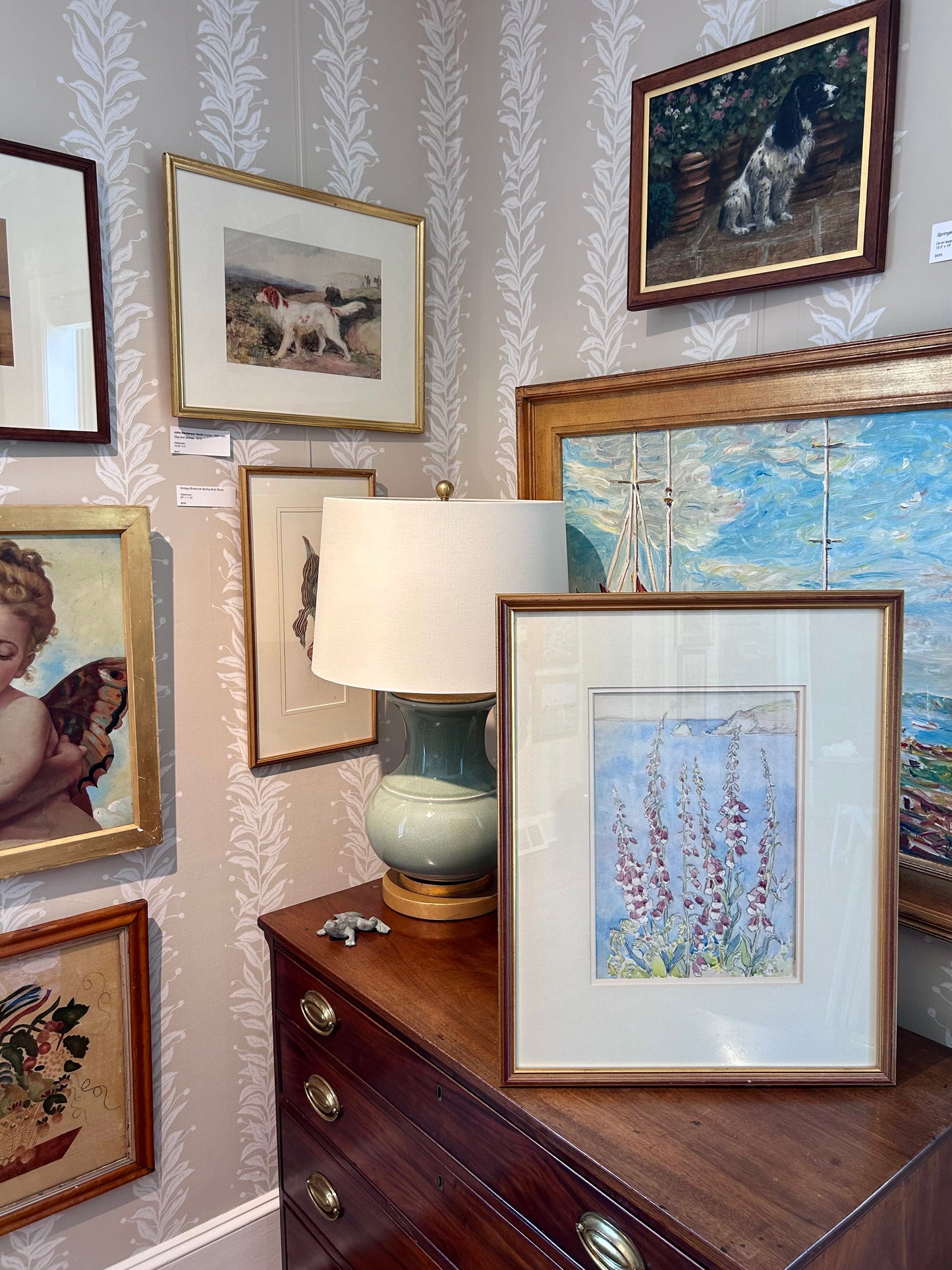 1920 Fletcher J. Mercer Foxgloves and Seascape Watercolor Painting in Gold Frame
