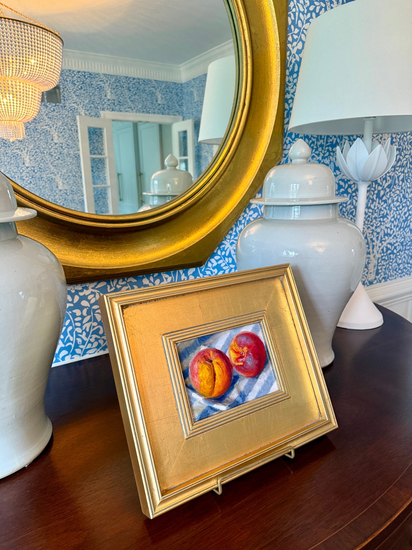 Peaches in Blue and White Towel #2 Still Life Oil Painting in Gold Frame