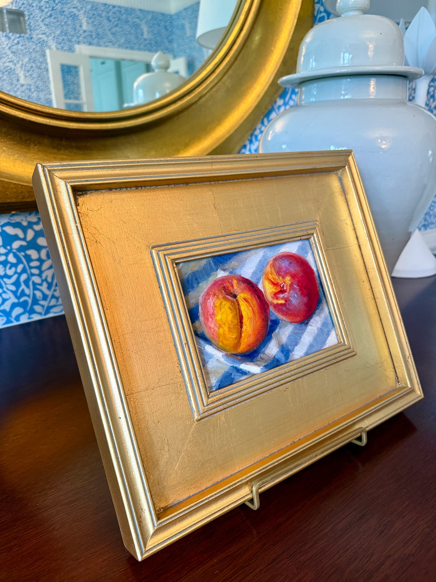 Peaches in Blue and White Towel #2 Still Life Oil Painting in Gold Frame