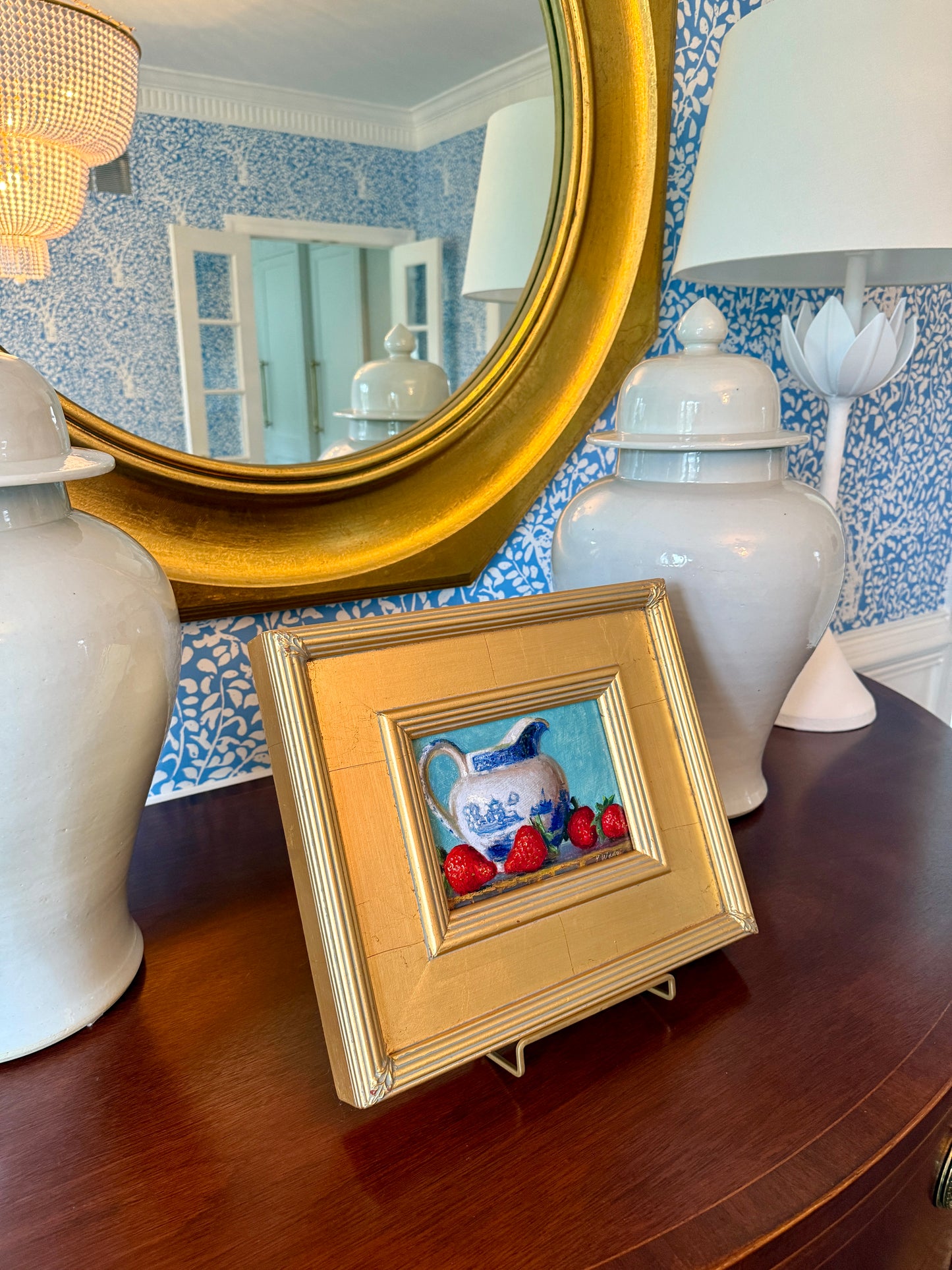 Blue and White Pitcher with Strawberries Still Life Oil Painting in Gold Frame