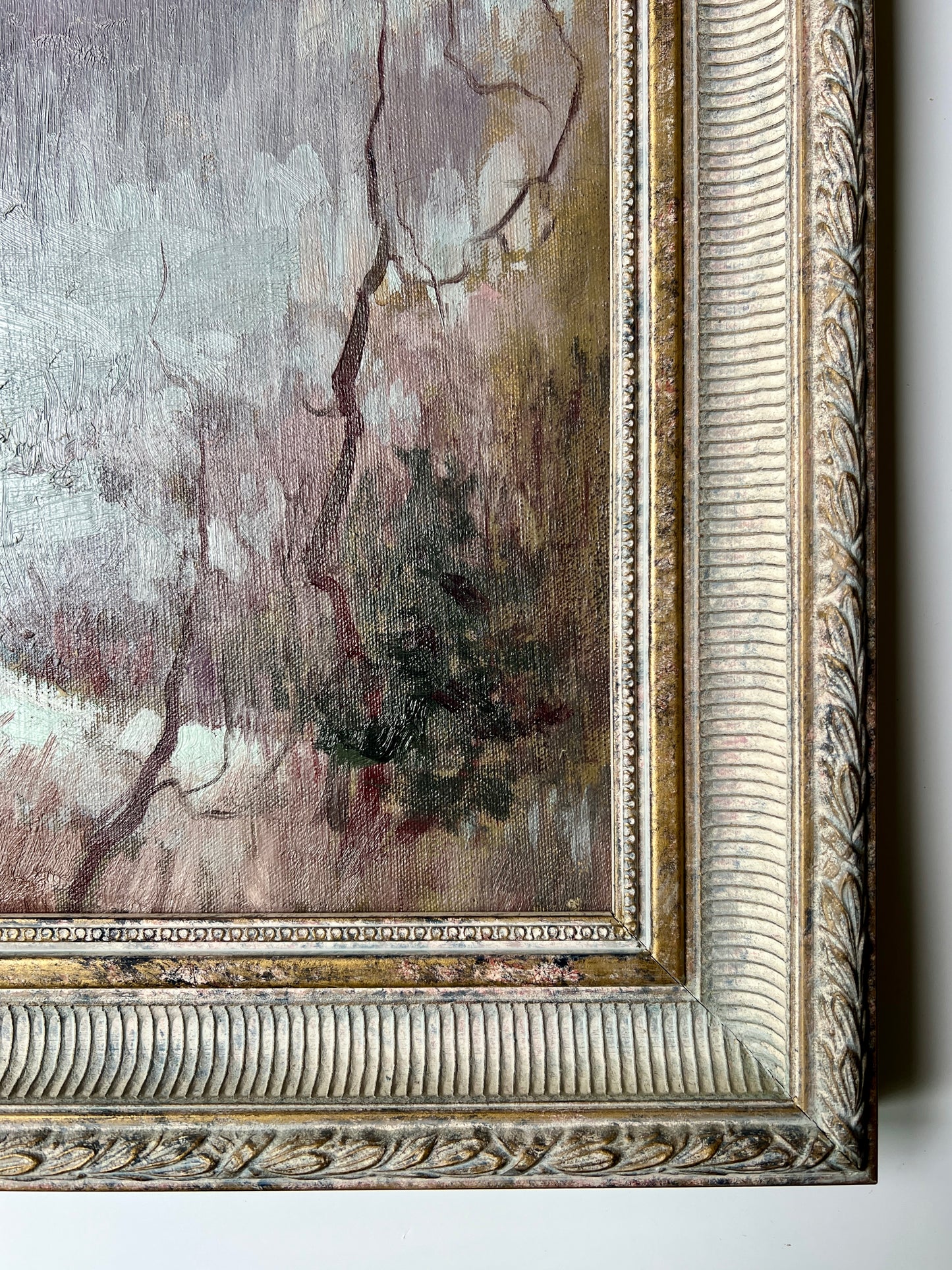Pink Winter Sunset Oil on Board Painting in Carved Frame