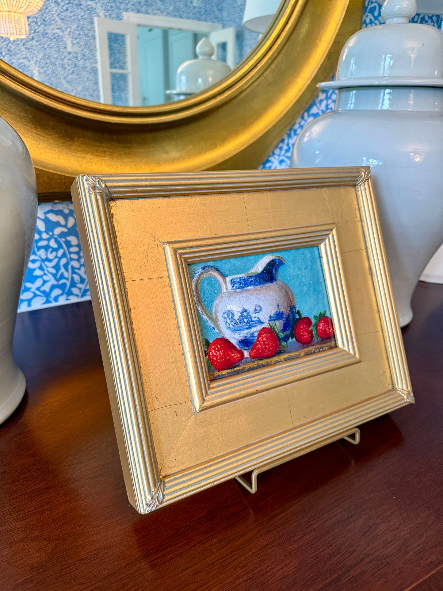 Blue and White Pitcher with Strawberries Still Life Oil Painting in Gold Frame