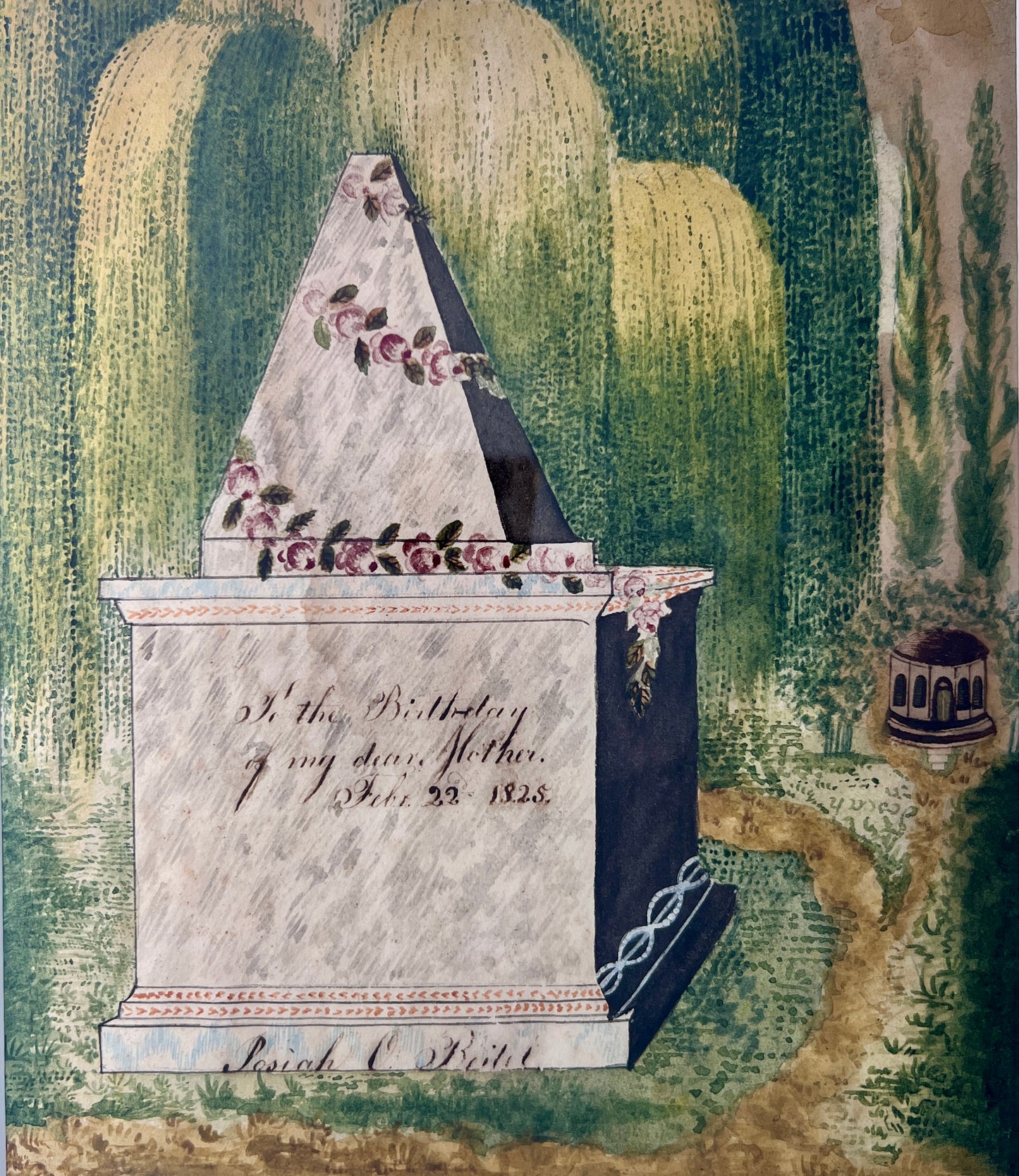 19th Century American Mourning Memorial Watercolor Painting in Gold Frame