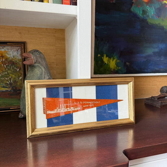 Early 20th Century U.S.S. Connecticut Naval Ship Wool Pennant on Blue Awning Stripes in Gold Frame