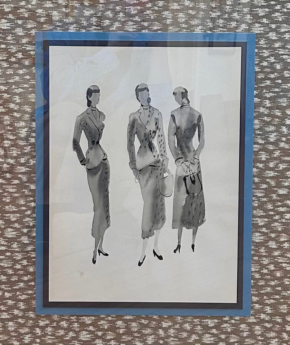 Catherine Figart Vogue Watercolor Fashion Illustration on Vintage Scalamandre in Gold Frame