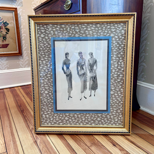 Catherine Figart Vogue Watercolor Fashion Illustration on Vintage Scalamandre in Gold Frame