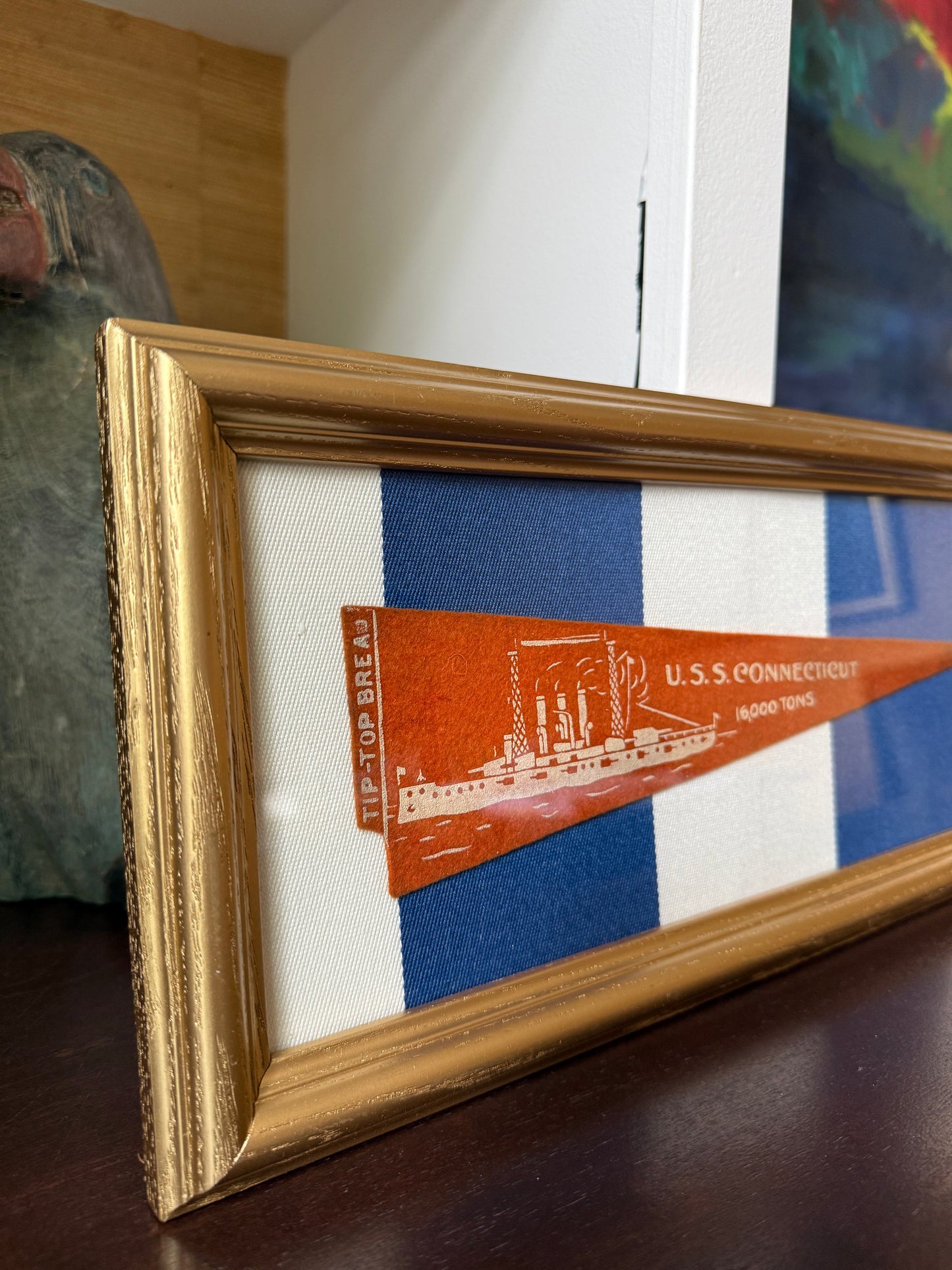 Early 20th Century U.S.S. Connecticut Naval Ship Wool Pennant on Blue Awning Stripes in Gold Frame