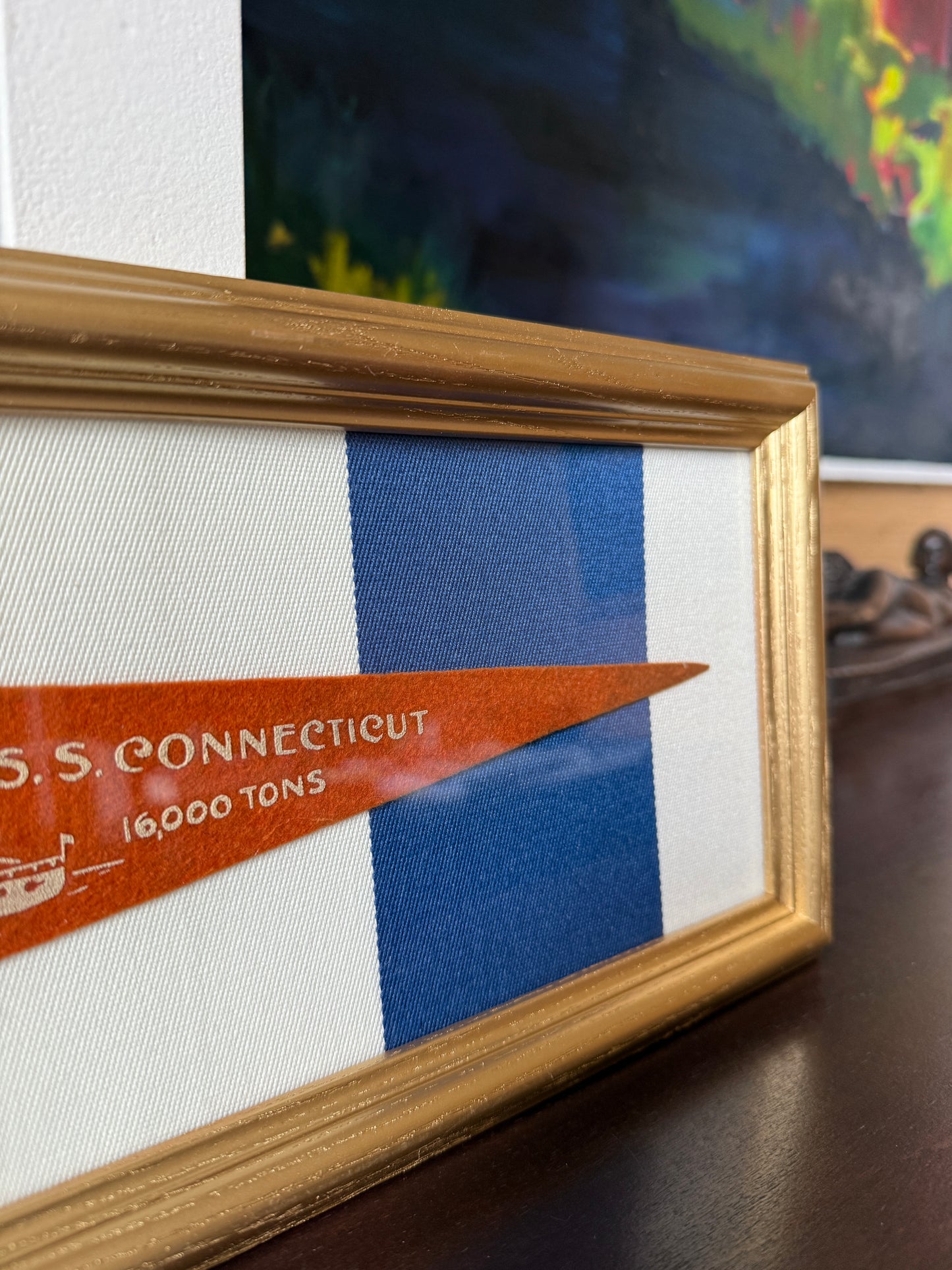 Early 20th Century U.S.S. Connecticut Naval Ship Wool Pennant on Blue Awning Stripes in Gold Frame