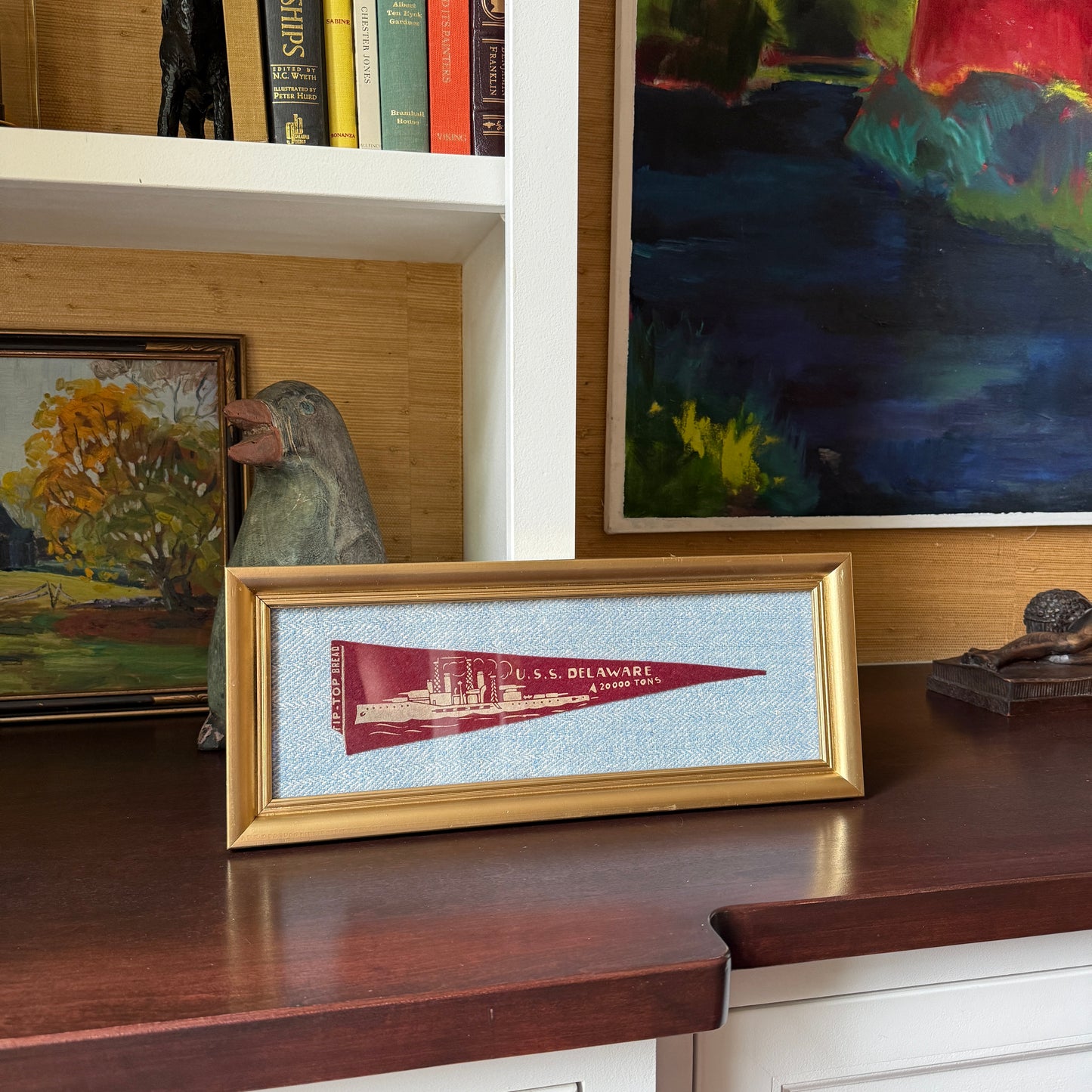 Early 20th Century U.S.S. Delaware Naval Ship Wool Pennant on Light Blue Herringbone in Gold Frame