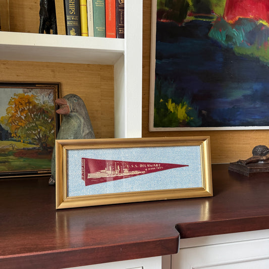 Early 20th Century U.S.S. Delaware Naval Ship Wool Pennant on Light Blue Herringbone in Gold Frame
