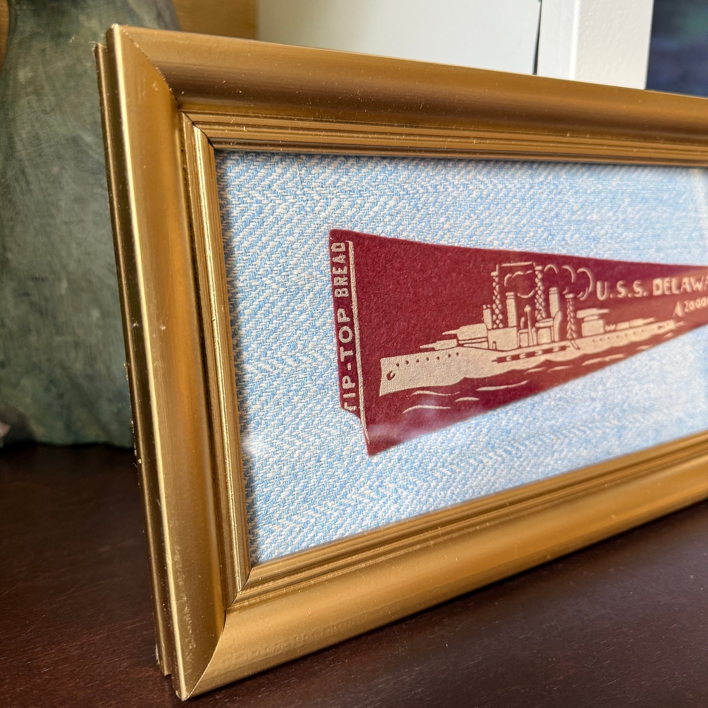 Early 20th Century U.S.S. Delaware Naval Ship Wool Pennant on Light Blue Herringbone in Gold Frame