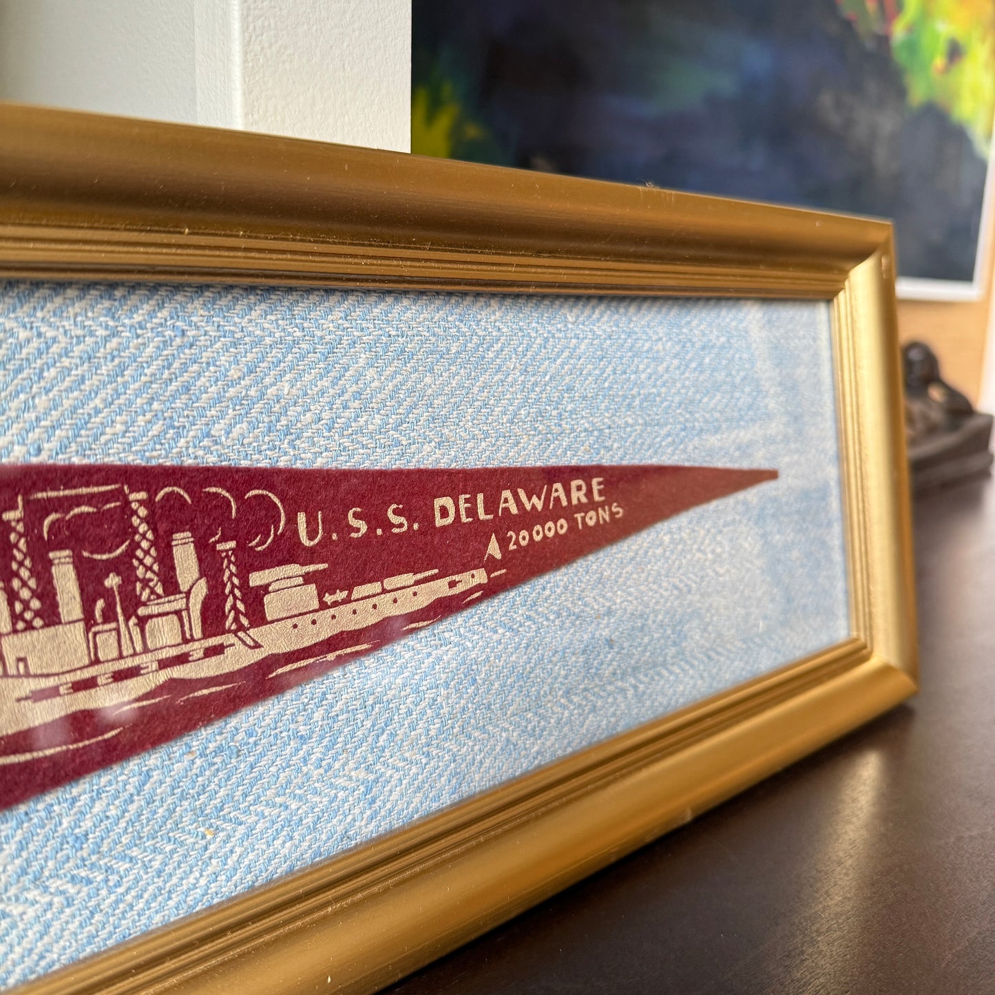 Early 20th Century U.S.S. Delaware Naval Ship Wool Pennant on Light Blue Herringbone in Gold Frame