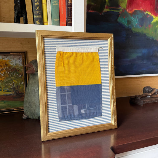 Vintage Cotton Canvas Nautical Yachting Signal Flag for "K" on Blue Ticking Stripe in Gold Frame