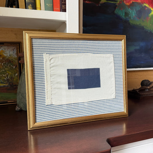 Vintage Cotton Canvas Nautical Yachting Signal Flag for "S" on Blue Ticking Stripe in Gold Frame