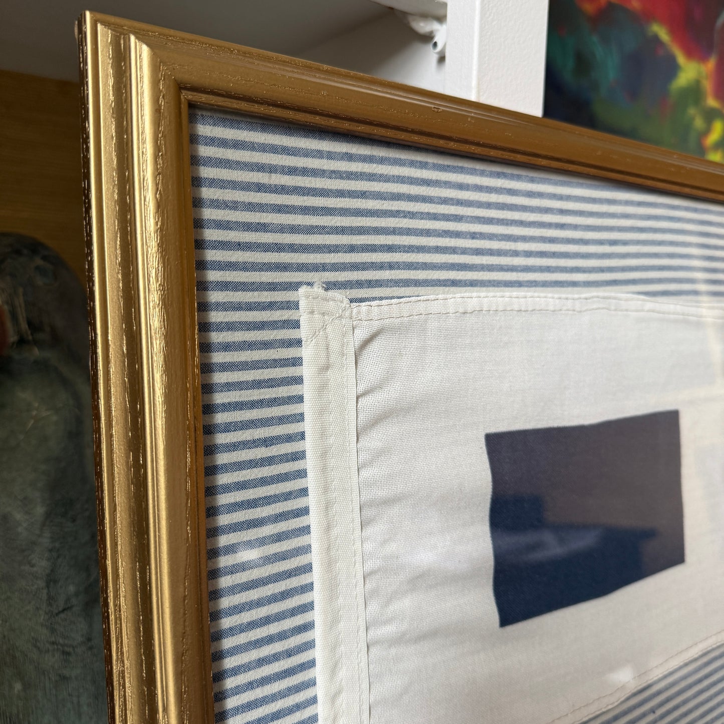 Vintage Cotton Canvas Nautical Yachting Signal Flag for "S" on Blue Ticking Stripe in Gold Frame