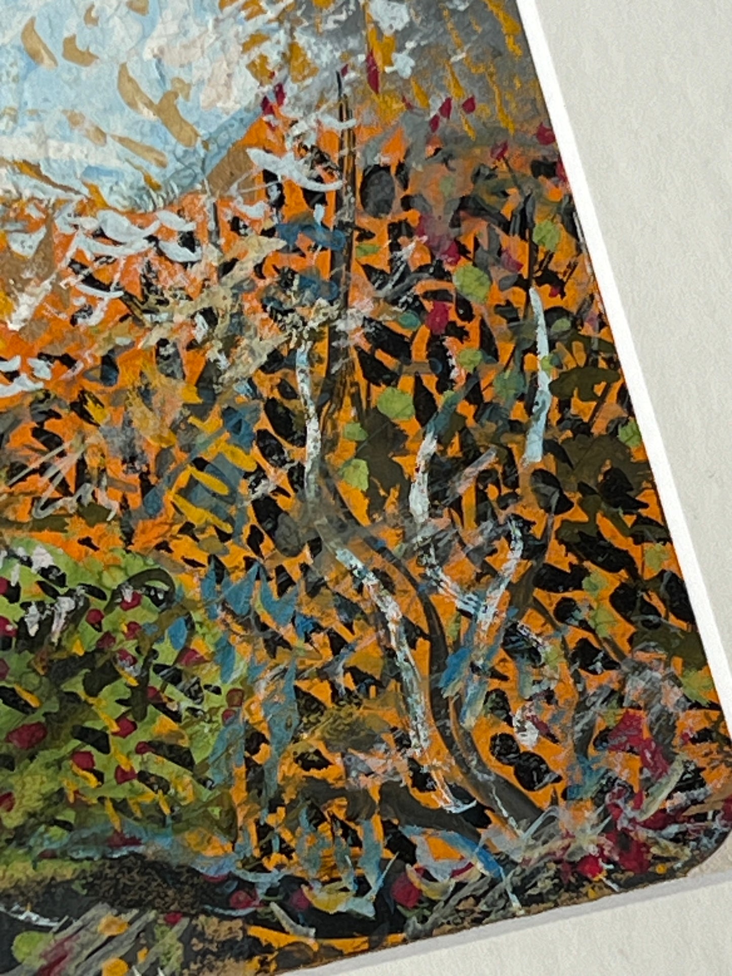 Vintage Colorful Abstract Lanscape Oil Painting in Light Gold Bamboo Frame