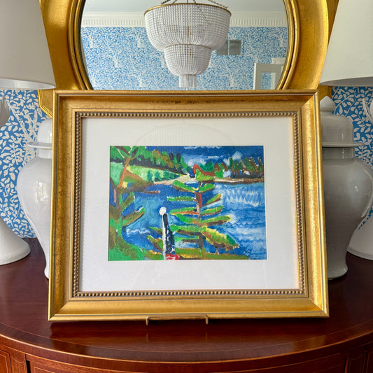 Deborah Beckwith Winship Rockport Garden Abstracted Coastal Landscape with American Flag Oil Painting in Gold Frame