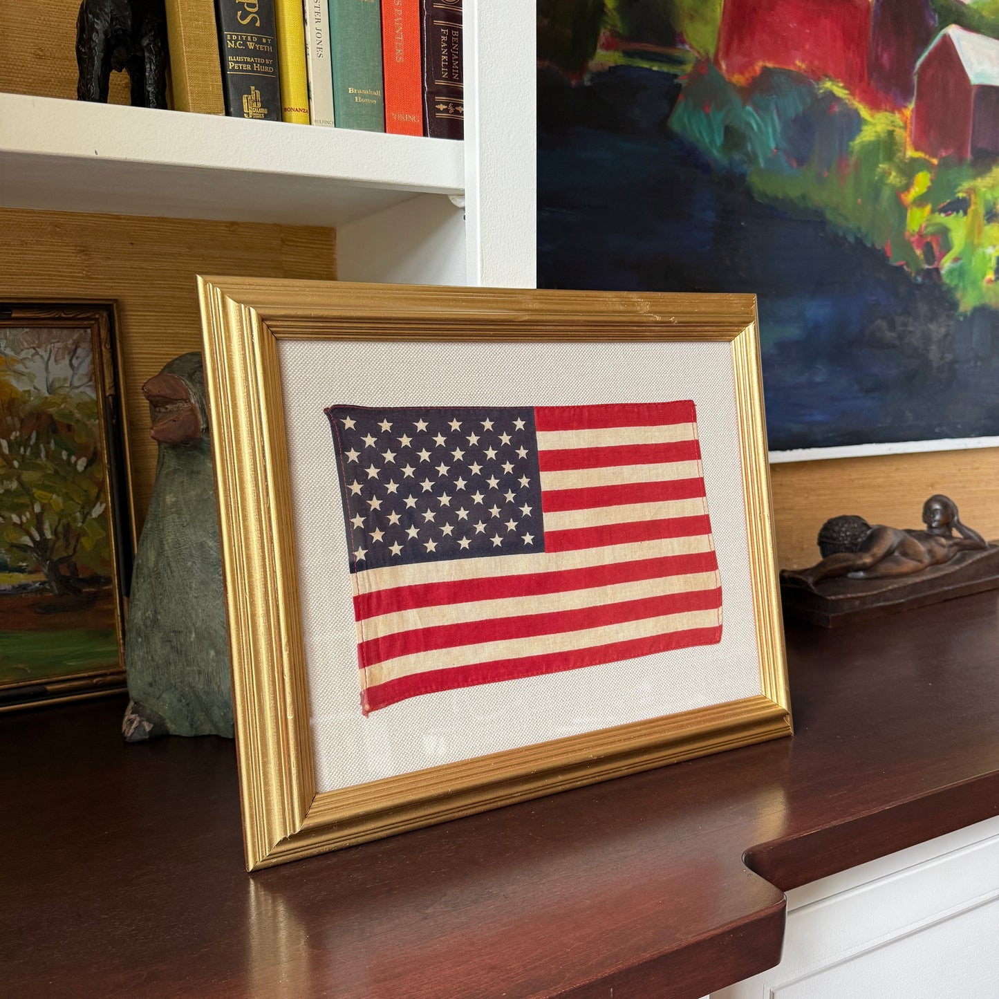 Vintage 50 Staggered Star American Flag on Natural Duck Cloth Fabric in Gold Frame
