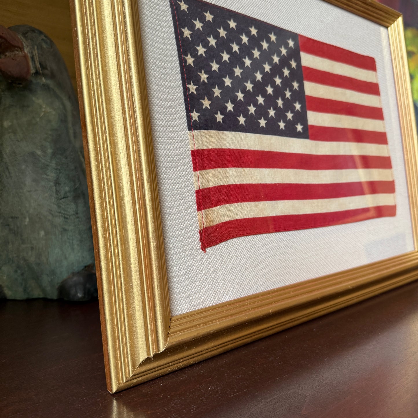Vintage 50 Staggered Star American Flag on Natural Duck Cloth Fabric in Gold Frame