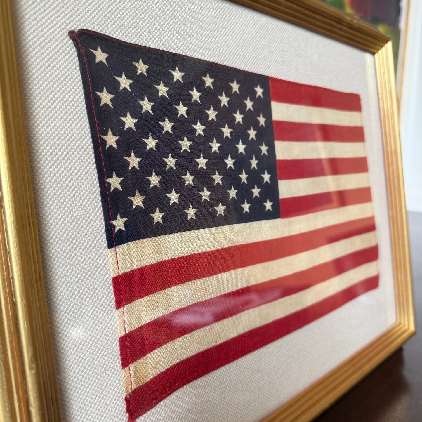 Vintage 50 Staggered Star American Flag on Natural Duck Cloth Fabric in Gold Frame