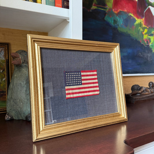 48 Star American Parade Flag on Navy Plaid in Gold Frame