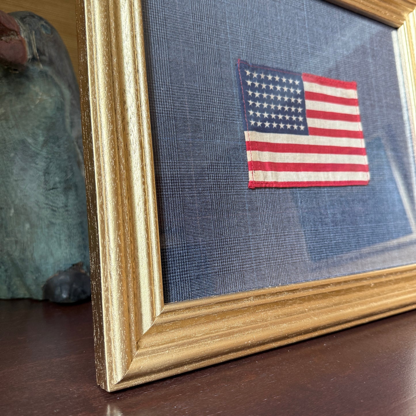 48 Star American Parade Flag on Navy Plaid in Gold Frame