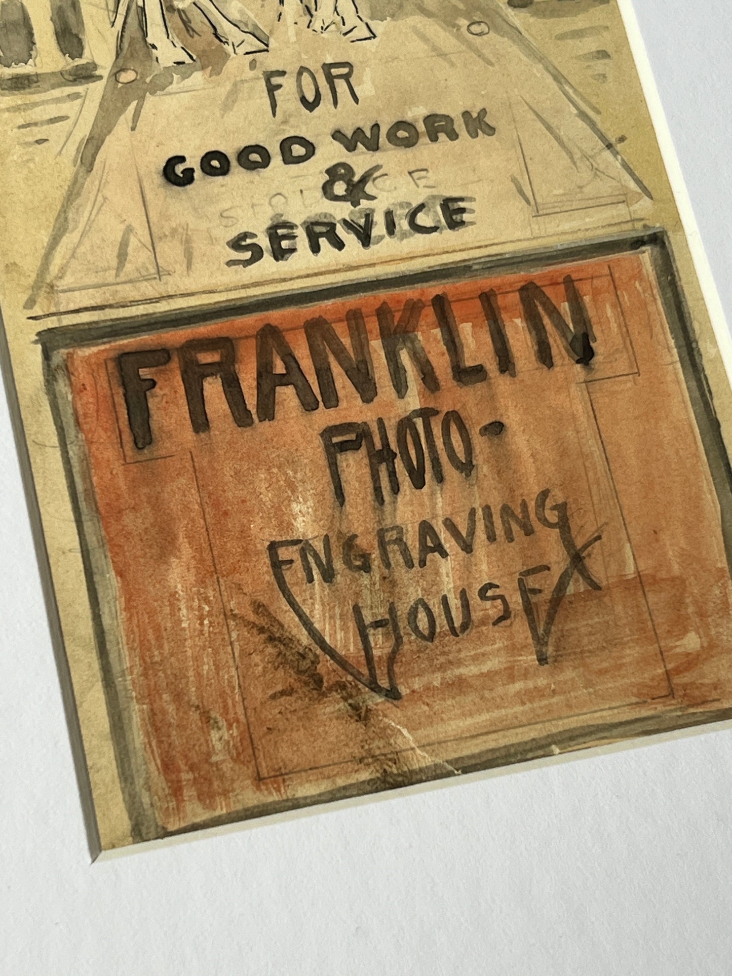 1912 Philadelphia's Franklin Photo-Engraving House Original Watercolor Painting Advertisement in Gold Frame