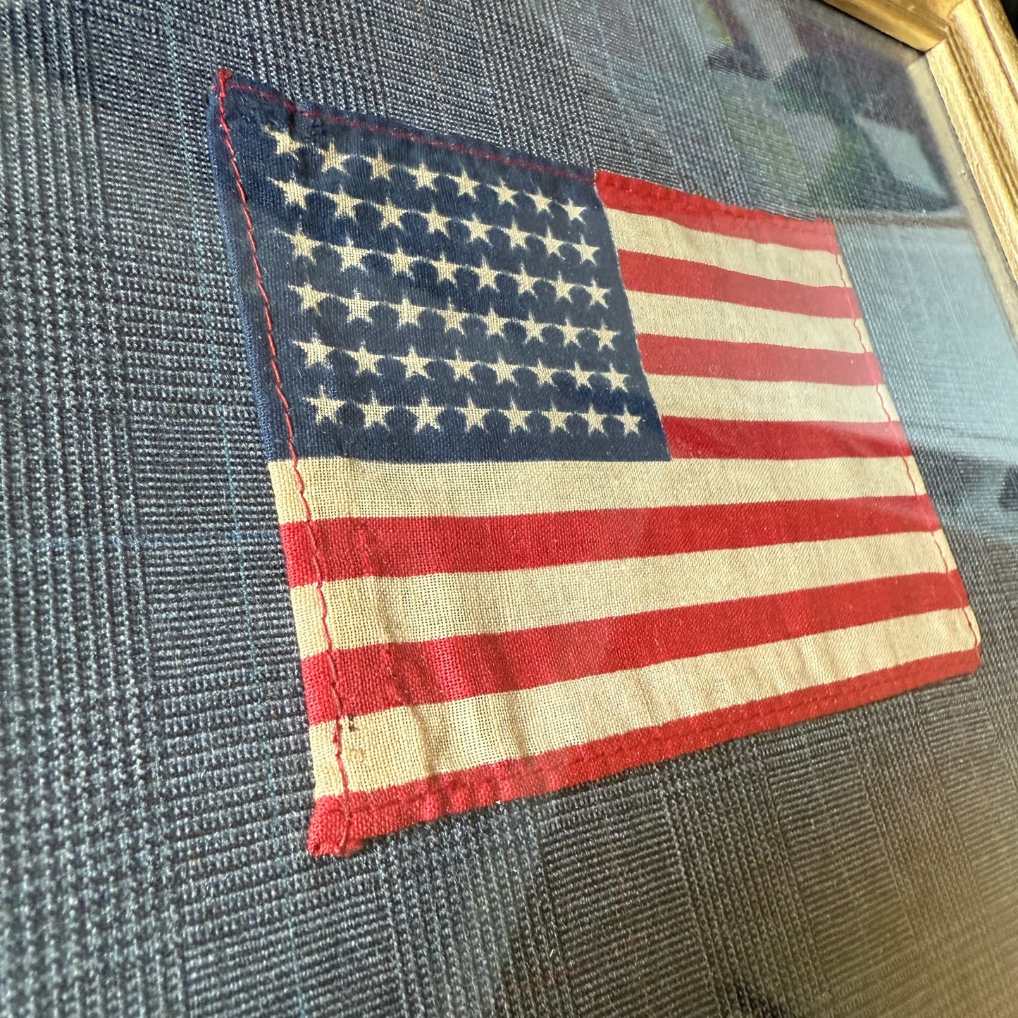 48 Star American Parade Flag on Navy Plaid in Gold Frame