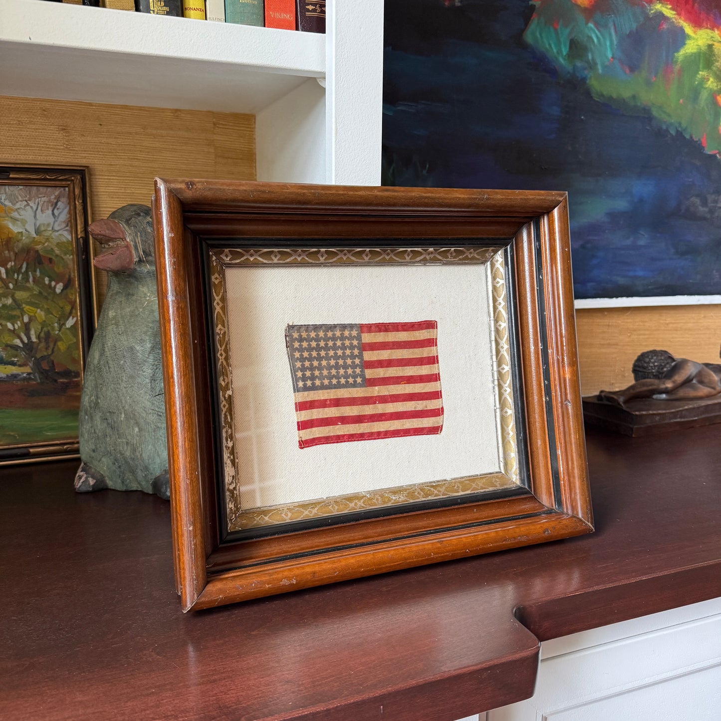 Old 48 Star American Parade Flag on Natural Twill in 19th Deep Wood Frame