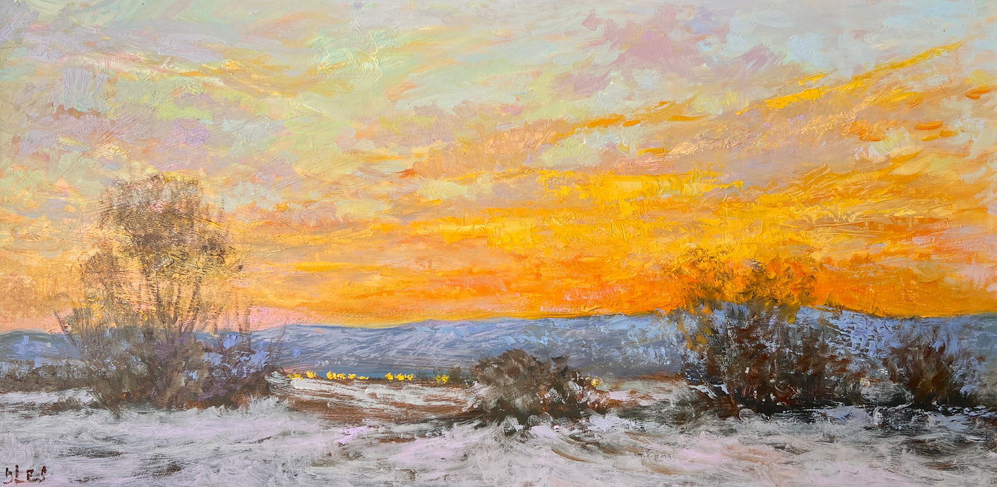 Julia Lesnichy Winter Sunset in Virginia Landscape Oil Painting in Gold Frame