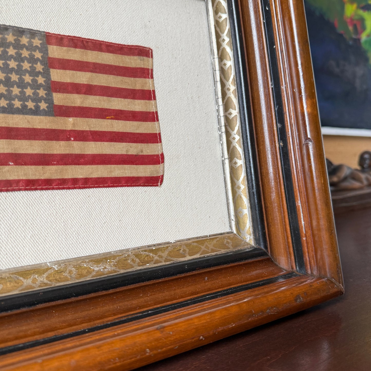 Old 48 Star American Parade Flag on Natural Twill in 19th Deep Wood Frame