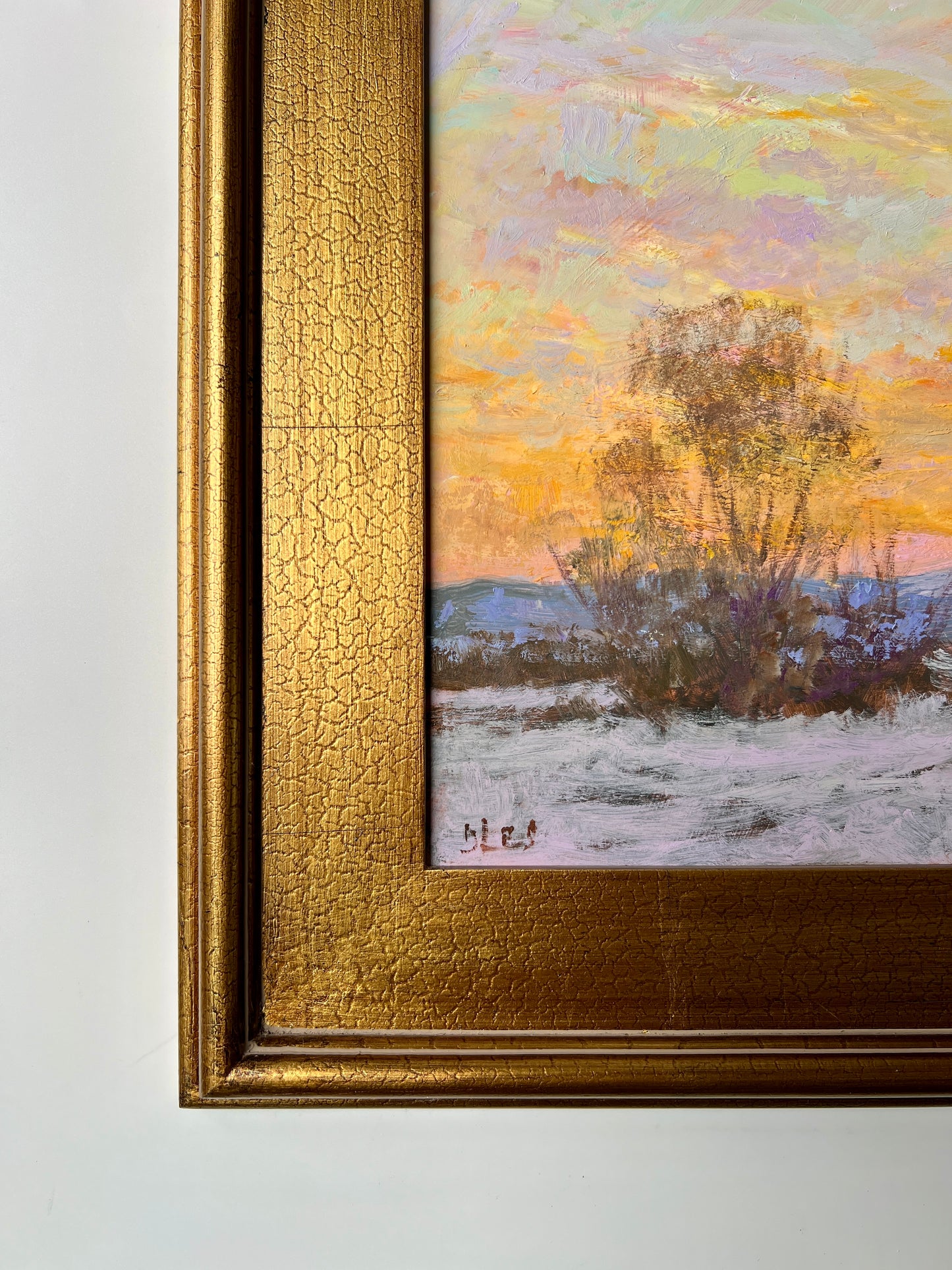 Julia Lesnichy Winter Sunset in Virginia Landscape Oil Painting in Gold Frame