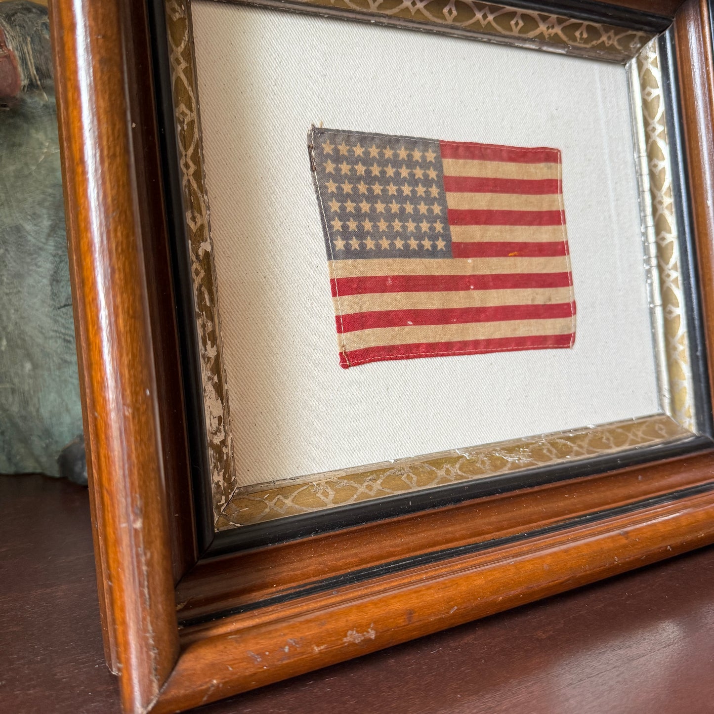 Old 48 Star American Parade Flag on Natural Twill in 19th Deep Wood Frame