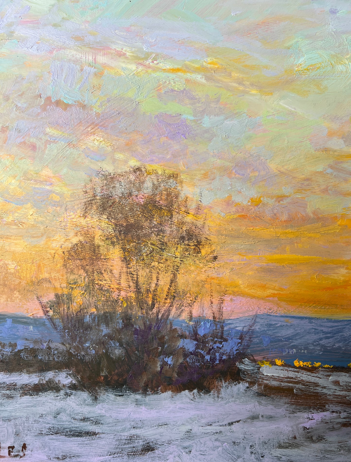Julia Lesnichy Winter Sunset in Virginia Landscape Oil Painting in Gold Frame
