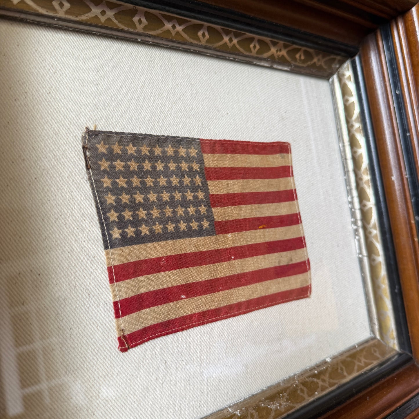 Old 48 Star American Parade Flag on Natural Twill in 19th Deep Wood Frame