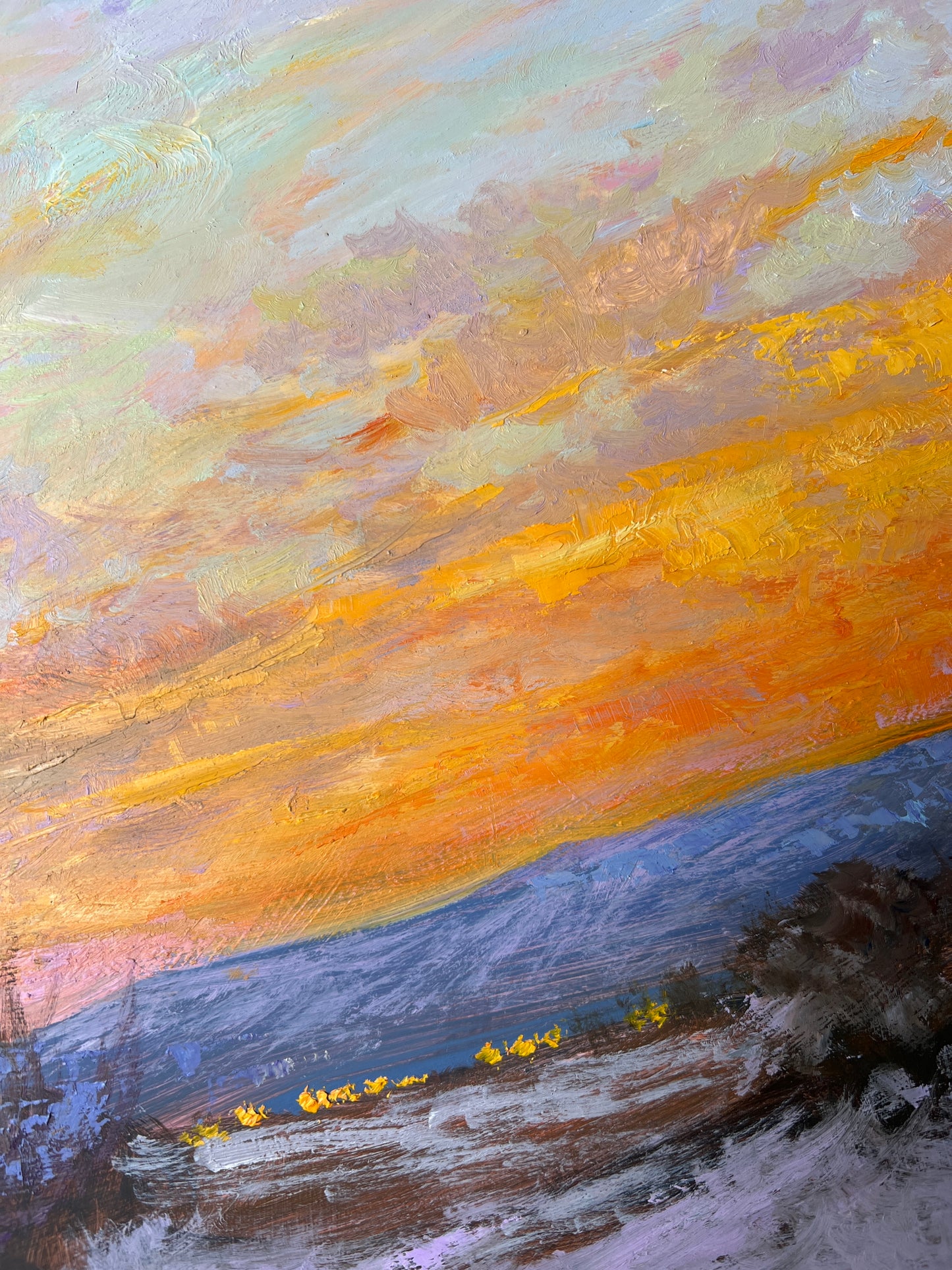 Julia Lesnichy Winter Sunset in Virginia Landscape Oil Painting in Gold Frame