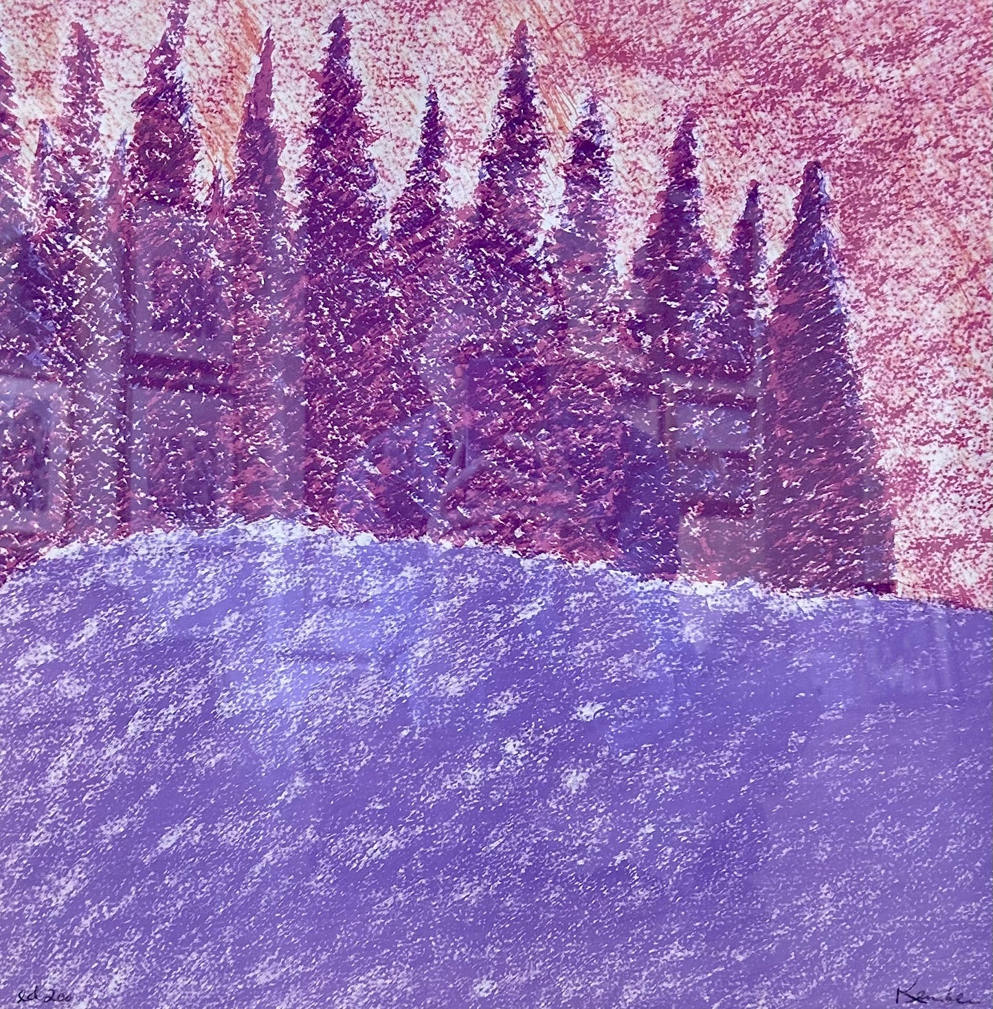 Richard Kemble Pink Purple Expressionist Landscape Oil Stick Painting in Gold Frame