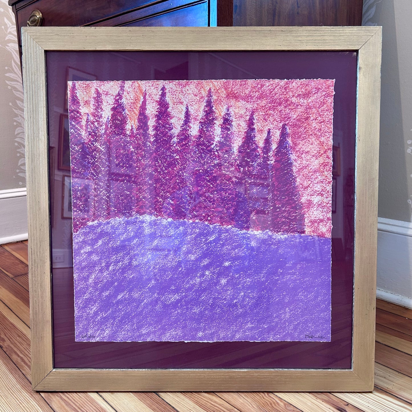 Richard Kemble Pink Purple Expressionist Landscape Oil Stick Painting in Gold Frame