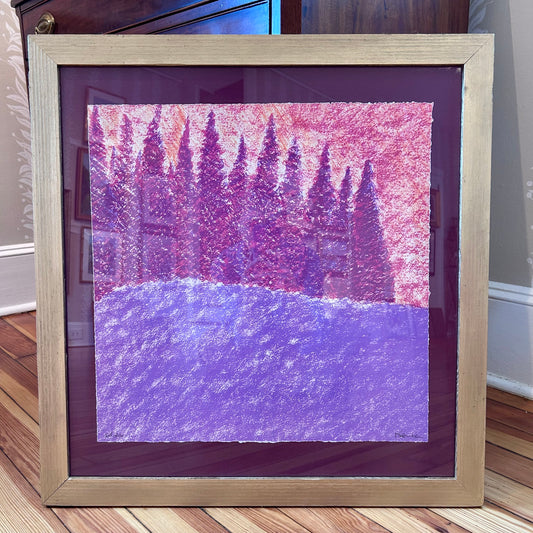 Richard Kemble Pink Purple Expressionist Landscape Oil Stick Painting in Gold Frame