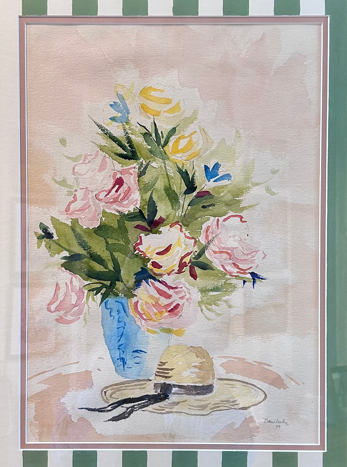 Floral and Wide Brimmed Hat Still Life manner of Ludwig Bemelmans Watercolor Painting in Painted Green Frame