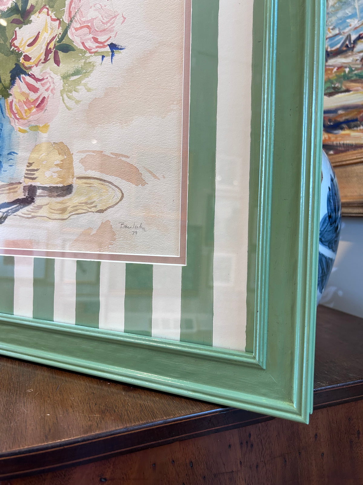 Floral and Wide Brimmed Hat Still Life manner of Ludwig Bemelmans Watercolor Painting in Painted Green Frame