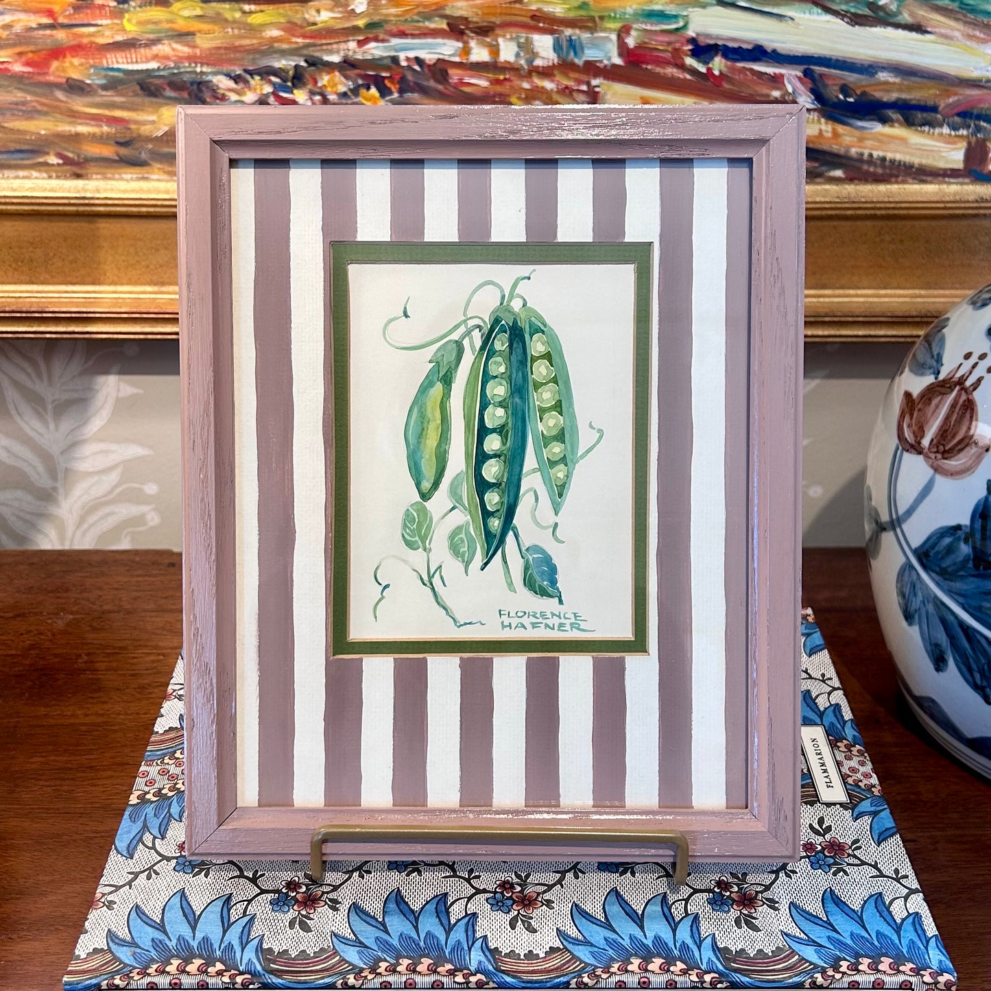 Florence Hafner Garden Peas Watercolor Painting in Painted Mauve Frame