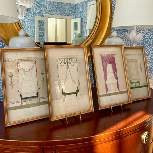 Set of Four Early 20th Century Interior Room Designs Watercolor Paintings in Gold Frames