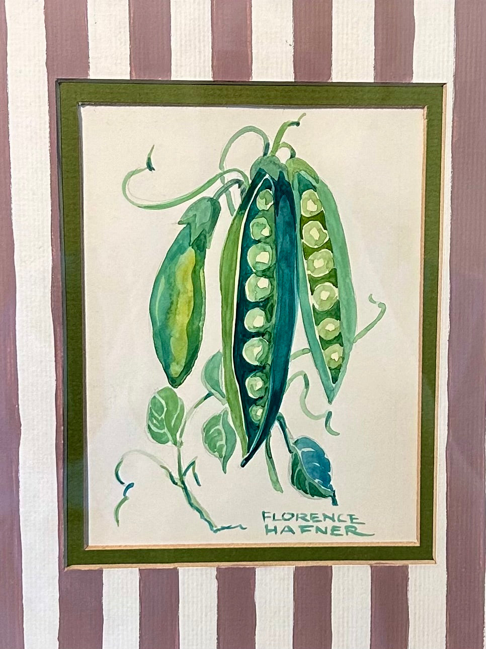 Florence Hafner Garden Peas Watercolor Painting in Painted Mauve Frame