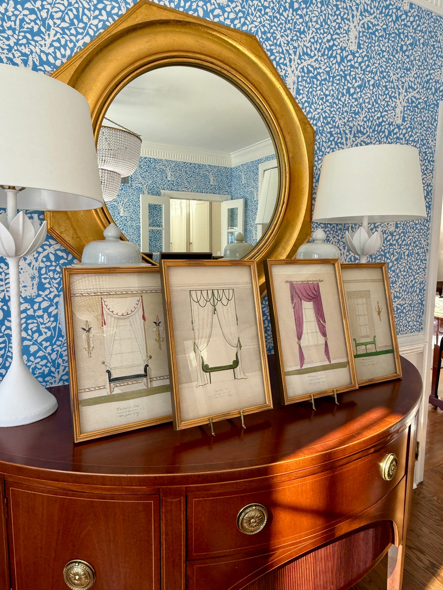 Set of Four Early 20th Century Interior Room Designs Watercolor Paintings in Gold Frames