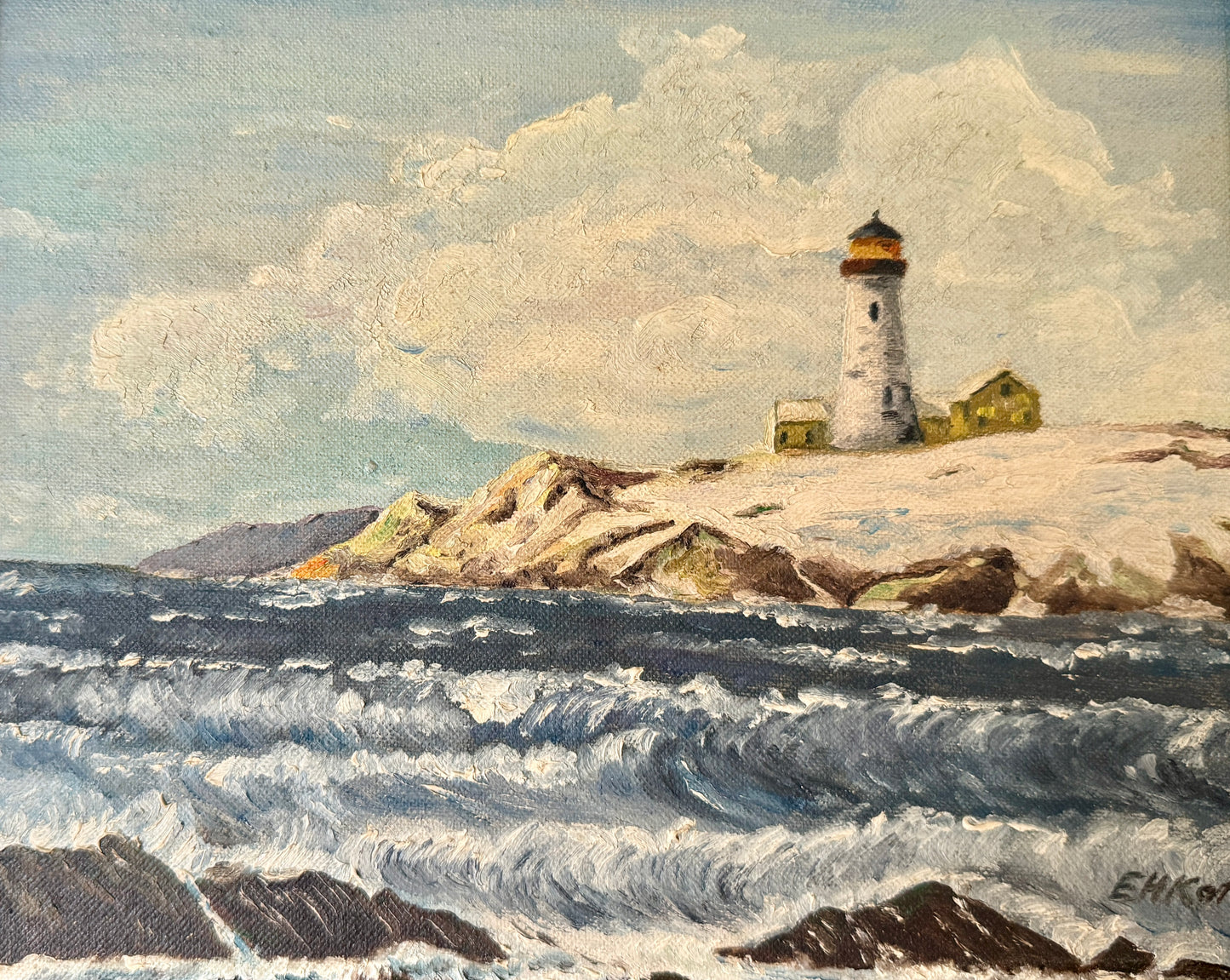 Vintage Rocky New England Coastal Lighthouse Landscape Oil Painting in Black and Gold Frame