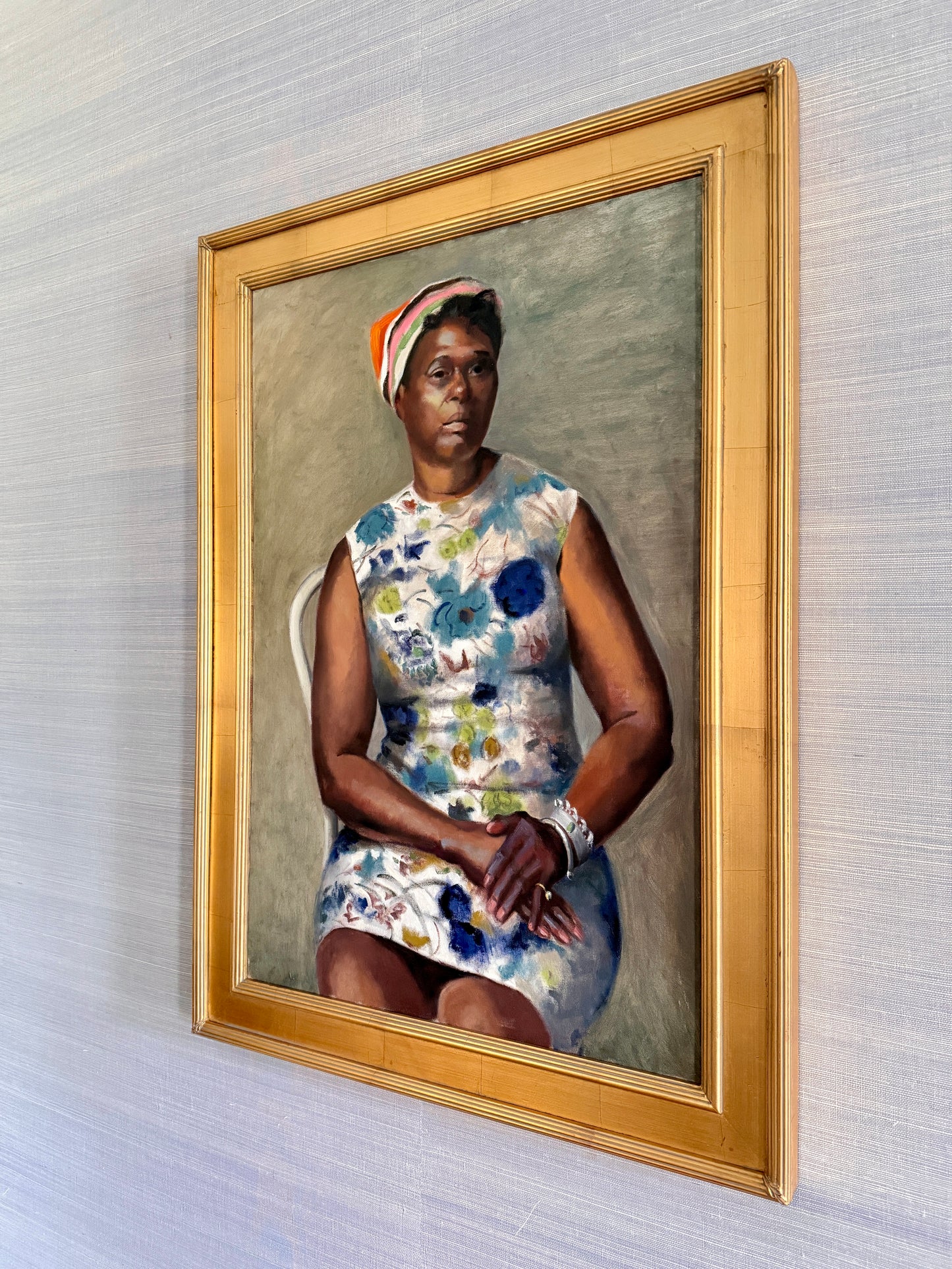 Mid Century Vintage African American Lady Portrait Oil Painting Attr. to George Dangman in Gold Frame