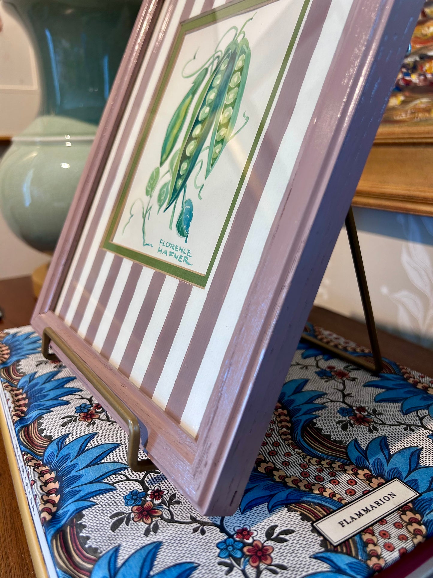 Florence Hafner Garden Peas Watercolor Painting in Painted Mauve Frame